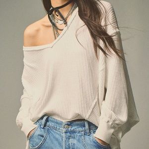 Cozy We The Free People Coraline Thermal Ivory Medium Waffle Pullover Sweater